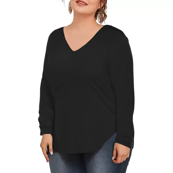 Amoretu Womens Plus Size Tops VNeck Long Sleeve Tshirt Casual BlouseBlack