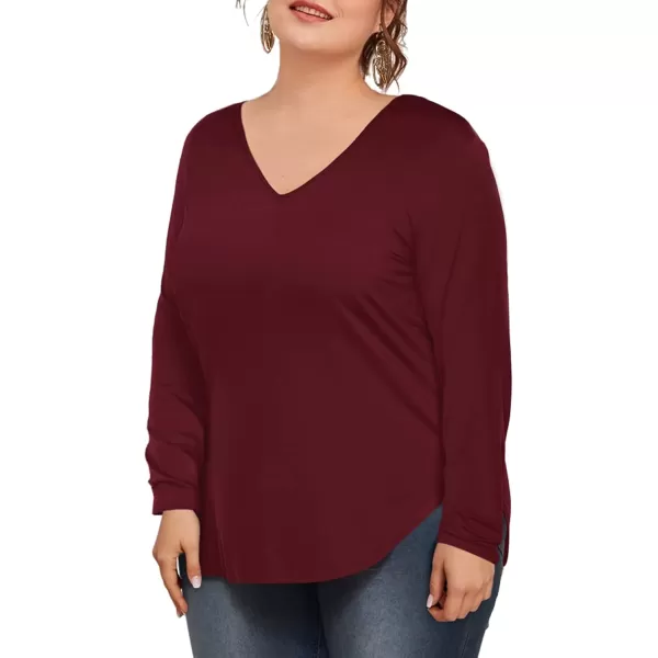 Amoretu Womens Plus Size Tops VNeck Long Sleeve Tshirt Casual BlouseBurgundy