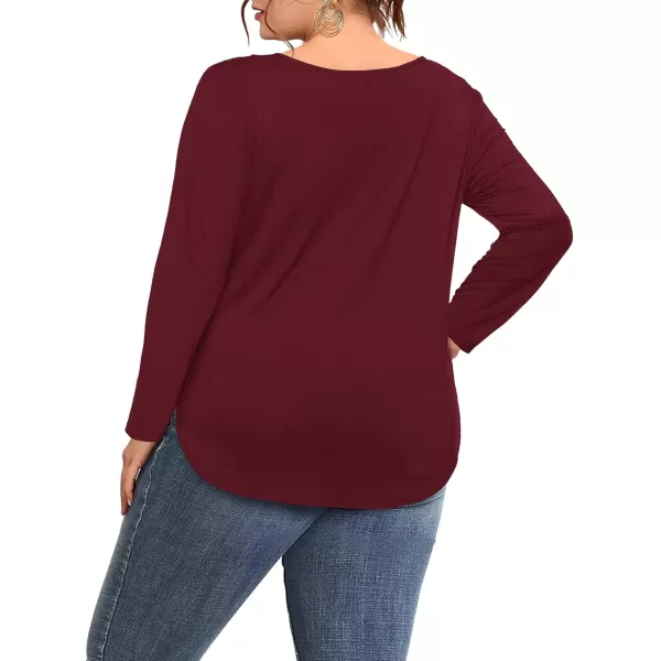 Amoretu Womens Plus Size Tops VNeck Long Sleeve Tshirt Casual BlouseBurgundy