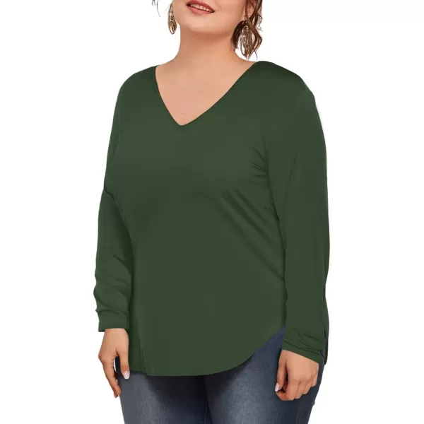 Amoretu Womens Plus Size Tops VNeck Long Sleeve Tshirt Casual BlouseGreen
