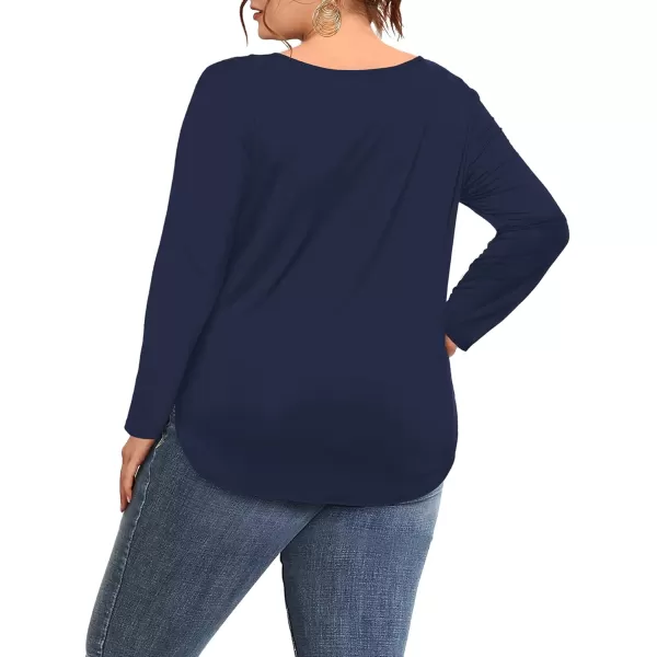 Amoretu Womens Plus Size Tops VNeck Long Sleeve Tshirt Casual BlouseNavy