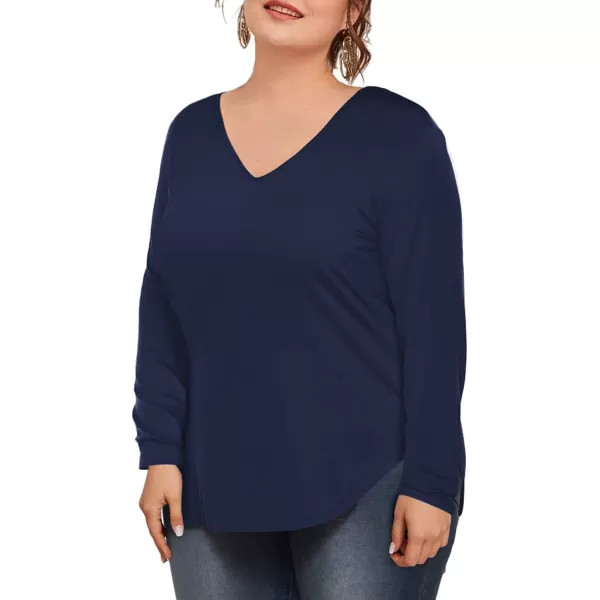 Amoretu Womens Plus Size Tops VNeck Long Sleeve Tshirt Casual BlouseNavy