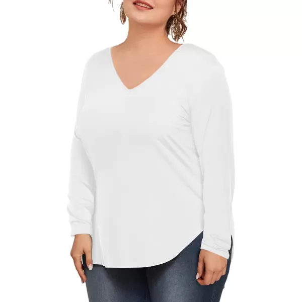 Amoretu Womens Plus Size Tops VNeck Long Sleeve Tshirt Casual BlouseWhite