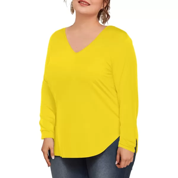 Amoretu Womens Plus Size Tops VNeck Long Sleeve Tshirt Casual BlouseYellow