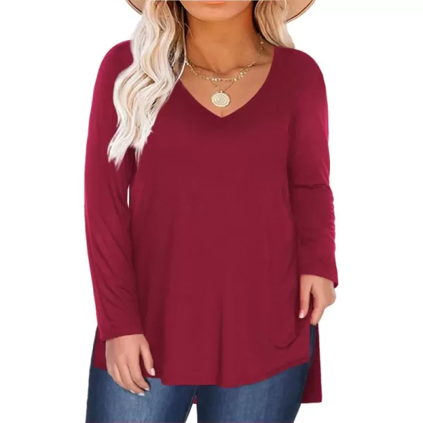 Amoretu Plus Size Tops for Women V Neck Long Sleeve T Shirts Oversized Swing Tunics Tops 2024Burgundy