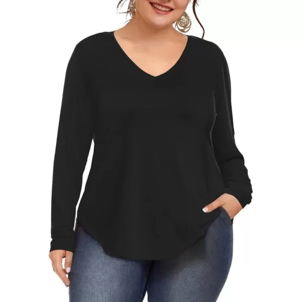 Amoretu Womens Plus Size Tops VNeck Long Sleeve Tshirt Casual BlouseBlack