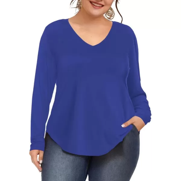 Amoretu Womens Plus Size Tops VNeck Long Sleeve Tshirt Casual BlouseBlue