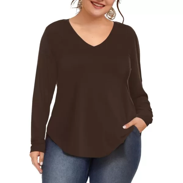 Amoretu Womens Plus Size Tops VNeck Long Sleeve Tshirt Casual BlouseBrown