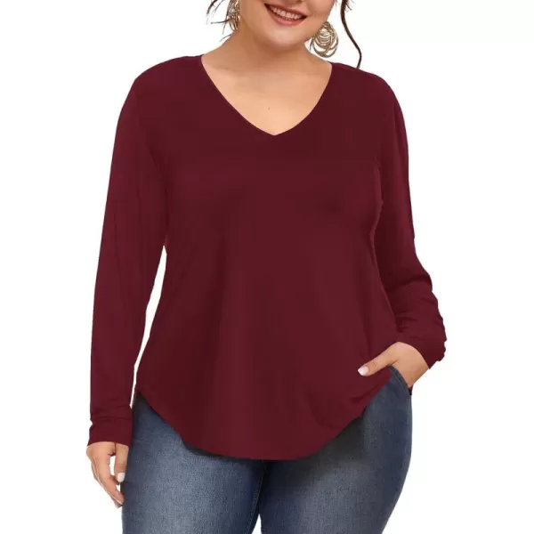 Amoretu Womens Plus Size Tops VNeck Long Sleeve Tshirt Casual BlouseBurgundy