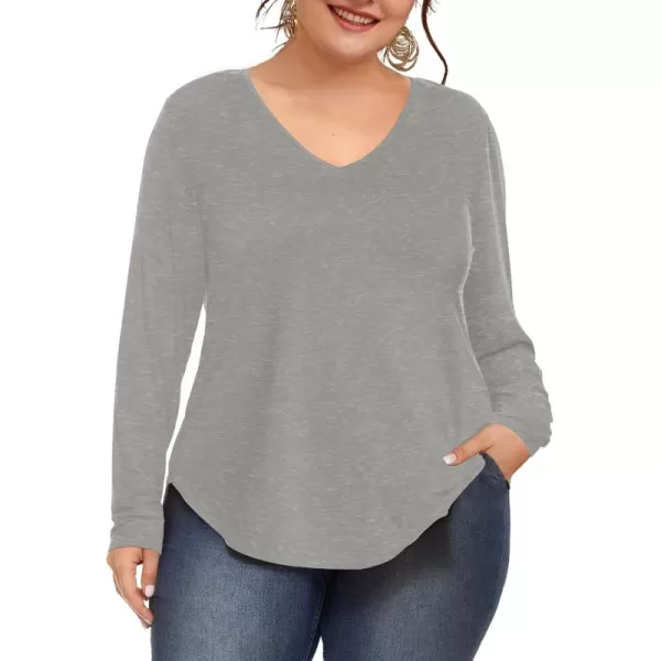 Amoretu Womens Plus Size Tops VNeck Long Sleeve Tshirt Casual BlouseGrey