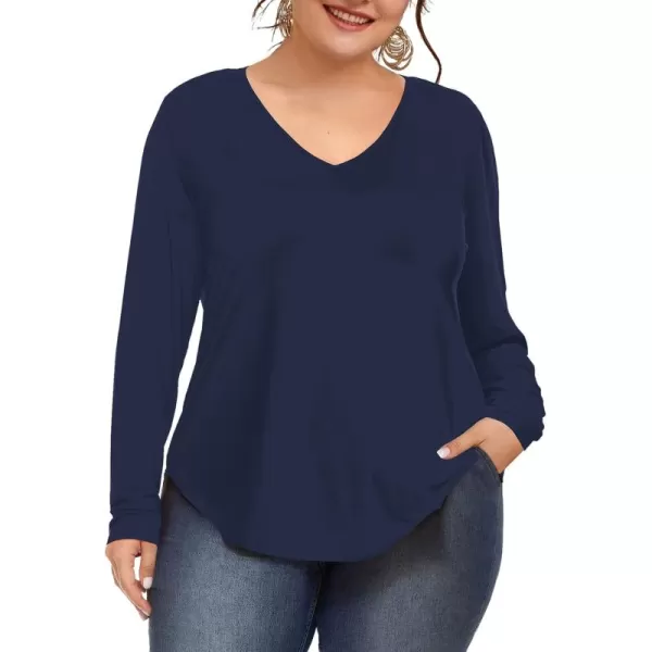 Amoretu Womens Plus Size Tops VNeck Long Sleeve Tshirt Casual BlouseNavy