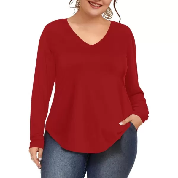 Amoretu Womens Plus Size Tops VNeck Long Sleeve Tshirt Casual BlouseRed