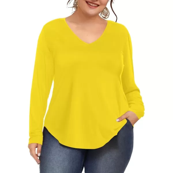 Amoretu Womens Plus Size Tops VNeck Long Sleeve Tshirt Casual BlouseYellow