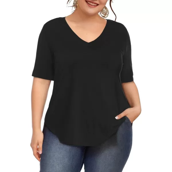 Amoretu Womens Plus Size Tops VNeck Short Sleeve Tshirt Casual BlouseBlack