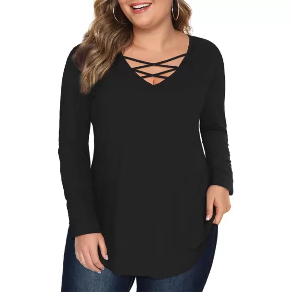 Amoretu Womens Plus Size Tops with Long Sleeve Criss Cross NeckBlack