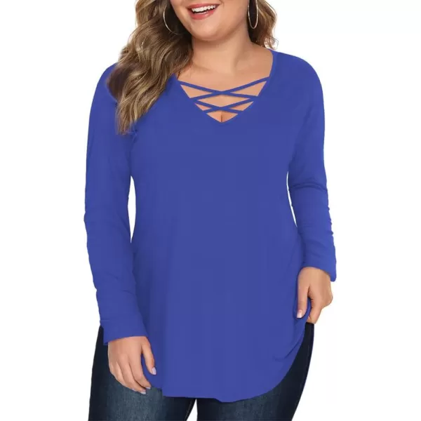 Amoretu Womens Plus Size Tops with Long Sleeve Criss Cross NeckBlue