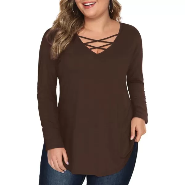 Amoretu Womens Plus Size Tops with Long Sleeve Criss Cross NeckBrown