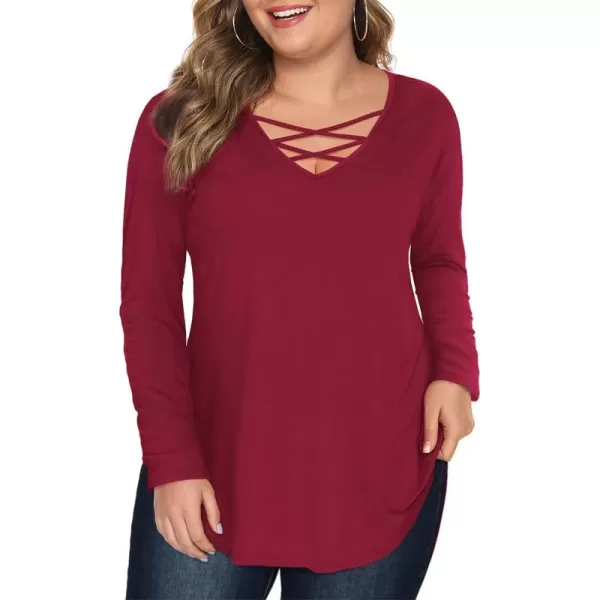 Amoretu Womens Plus Size Tops with Long Sleeve Criss Cross NeckBurgundy