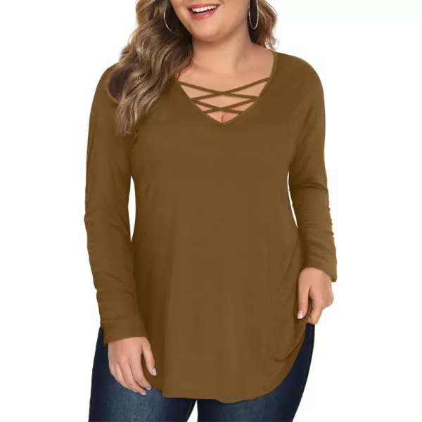 Amoretu Womens Plus Size Tops with Long Sleeve Criss Cross NeckCoffee