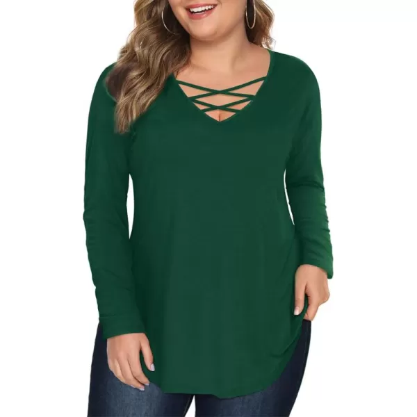 Amoretu Womens Plus Size Tops with Long Sleeve Criss Cross NeckDark Green