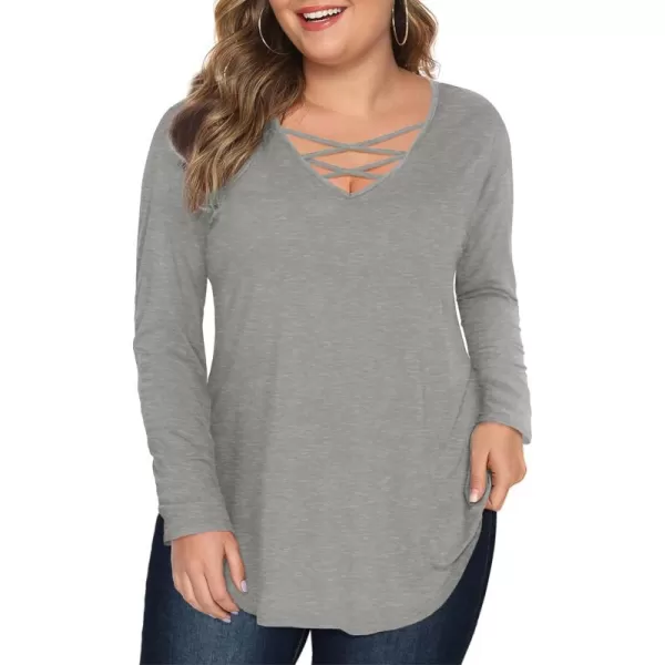 Amoretu Womens Plus Size Tops with Long Sleeve Criss Cross NeckGrey