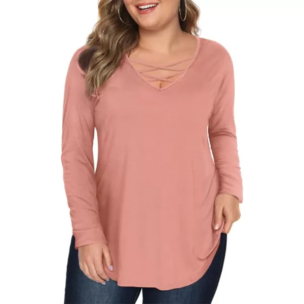 Amoretu Womens Plus Size Tops with Long Sleeve Criss Cross NeckPink