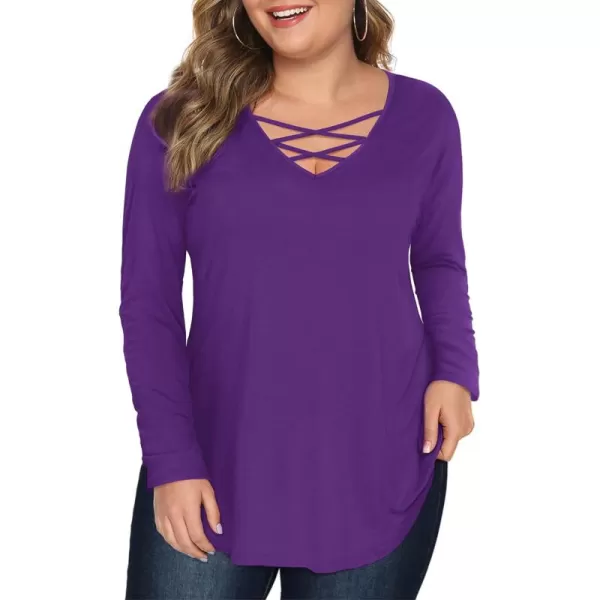 Amoretu Womens Plus Size Tops with Long Sleeve Criss Cross NeckPruple