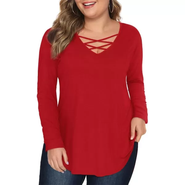 Amoretu Womens Plus Size Tops with Long Sleeve Criss Cross NeckRed