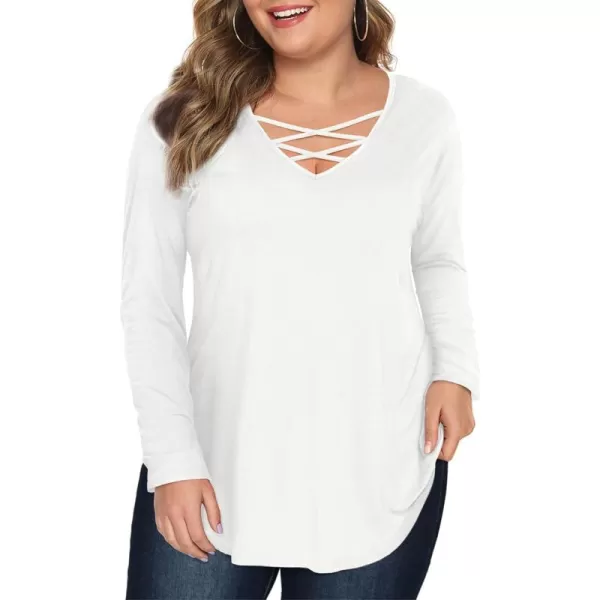 Amoretu Womens Plus Size Tops with Long Sleeve Criss Cross NeckWhite