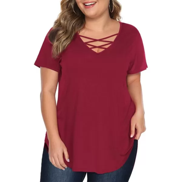 Amoretu Womens Plus Size Tops with Short Sleeve Criss Cross NeckBurgundy