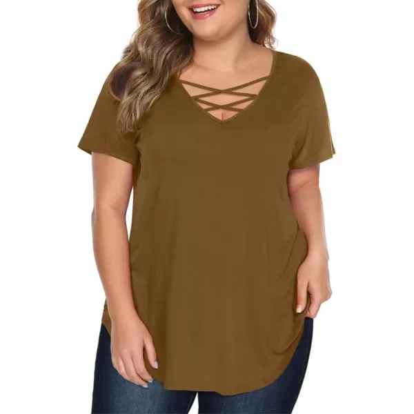 Amoretu Womens Plus Size Tops with Short Sleeve Criss Cross NeckCoffee