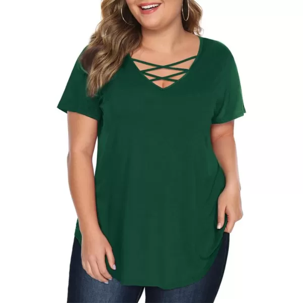 Amoretu Womens Plus Size Tops with Short Sleeve Criss Cross NeckDark Green