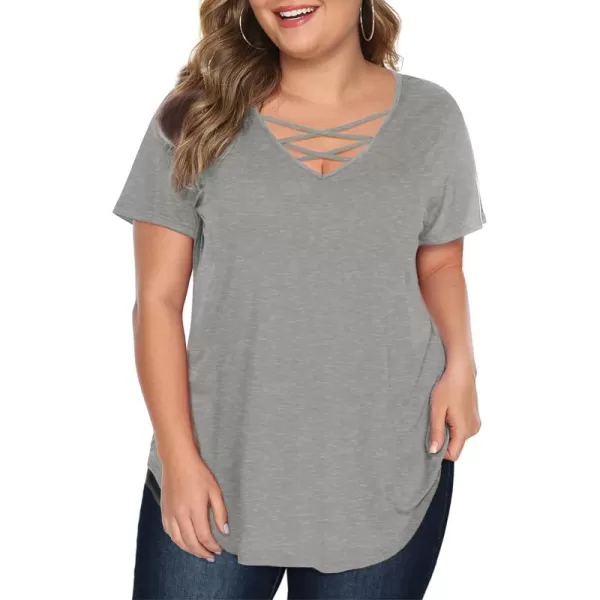 Amoretu Womens Plus Size Tops with Short Sleeve Criss Cross NeckGrey