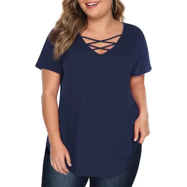 Amoretu Womens Plus Size Tops with Short Sleeve Criss Cross NeckNavy Blue