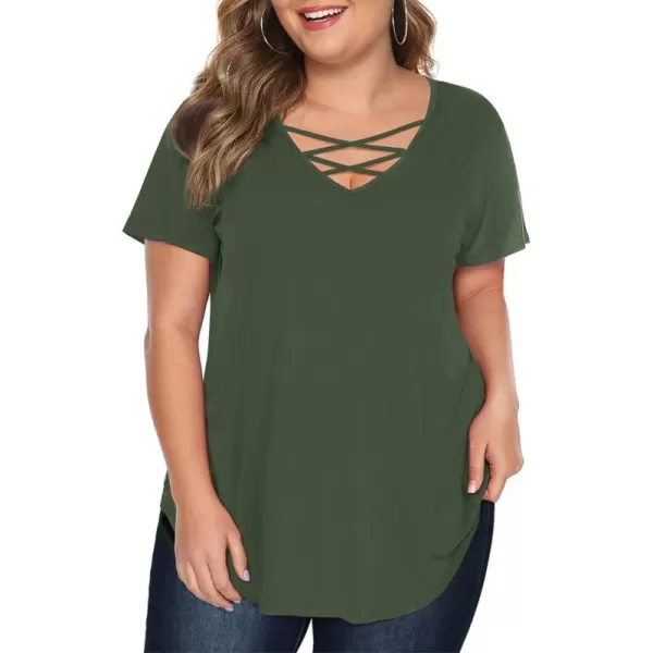 Amoretu Womens Plus Size Tops with Short Sleeve Criss Cross NeckOlive Green