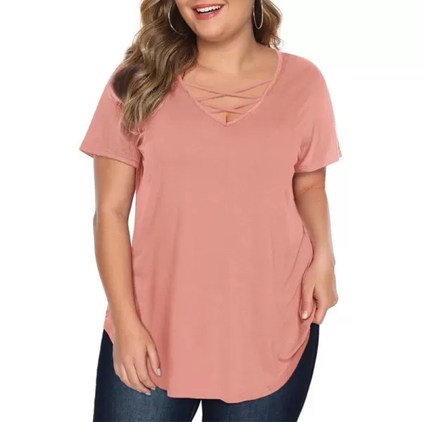 Amoretu Womens Plus Size Tops with Short Sleeve Criss Cross NeckPink