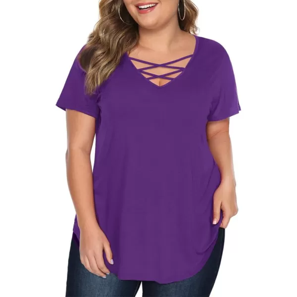 Amoretu Womens Plus Size Tops with Short Sleeve Criss Cross NeckPurple