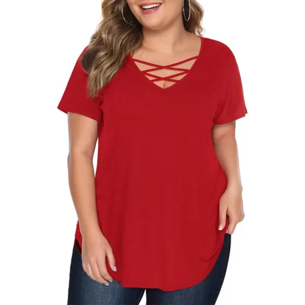 Amoretu Womens Plus Size Tops with Short Sleeve Criss Cross NeckRed