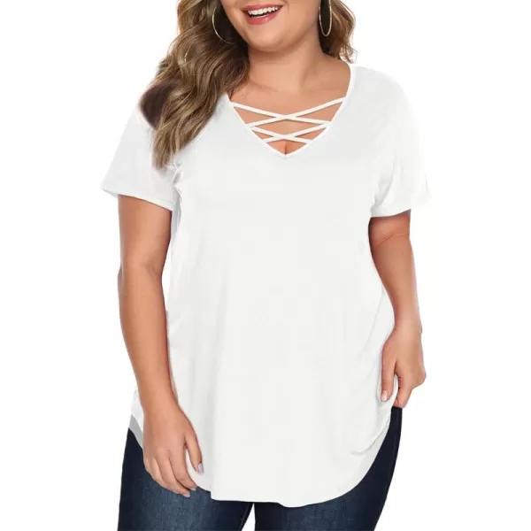 Amoretu Womens Plus Size Tops with Short Sleeve Criss Cross NeckWhite