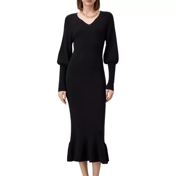 Amoretu Womens Wool Midi Dress VNeck Long Sleeve Dresses Mermaid Hem Knitted DressBlack