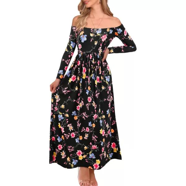 Amoretu Dresses for Women Long Sleeve Off Shoulder Maxi Flowy Casual Loose Plain Dress with PocketsBlack Pink Purple Flowers