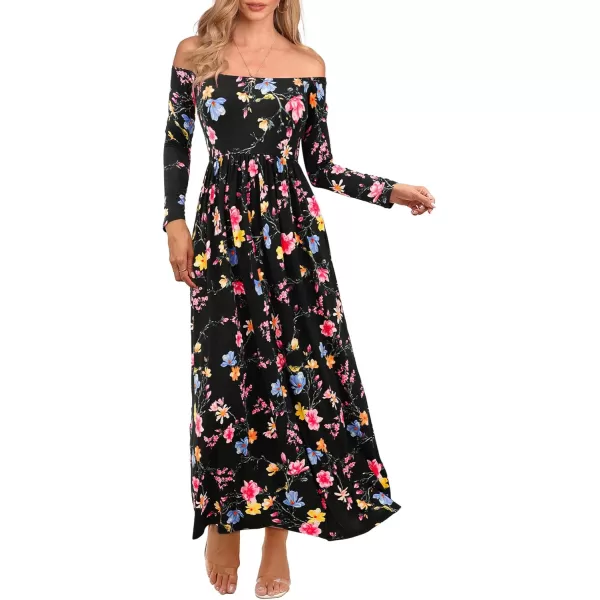 Amoretu Dresses for Women Long Sleeve Off Shoulder Maxi Flowy Casual Loose Plain Dress with PocketsBlack Pink Purple Flowers