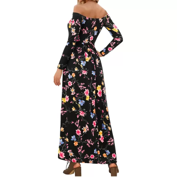 Amoretu Dresses for Women Long Sleeve Off Shoulder Maxi Flowy Casual Loose Plain Dress with PocketsBlack Pink Purple Flowers