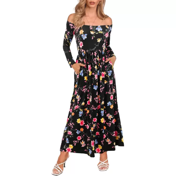 Amoretu Dresses for Women Long Sleeve Off Shoulder Maxi Flowy Casual Loose Plain Dress with PocketsBlack Pink Purple Flowers