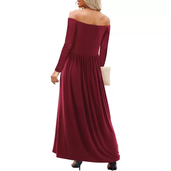 Amoretu Dresses for Women Long Sleeve Off Shoulder Maxi Flowy Casual Loose Plain Dress with PocketsClaret