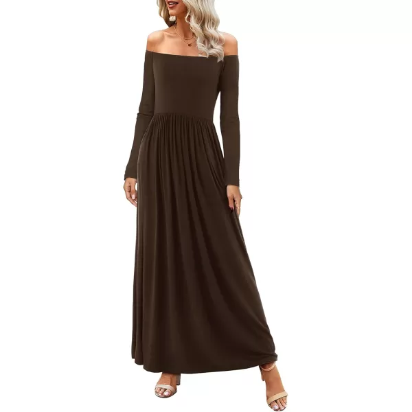 Amoretu Dresses for Women Long Sleeve Off Shoulder Maxi Flowy Casual Loose Plain Dress with PocketsCoffee