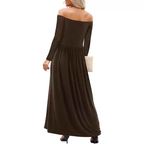 Amoretu Dresses for Women Long Sleeve Off Shoulder Maxi Flowy Casual Loose Plain Dress with PocketsCoffee