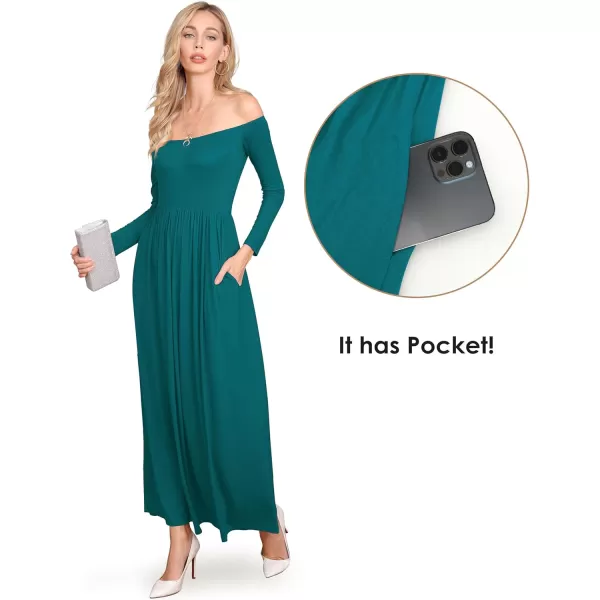 Amoretu Dresses for Women Long Sleeve Off Shoulder Maxi Flowy Casual Loose Plain Dress with PocketsDark Green