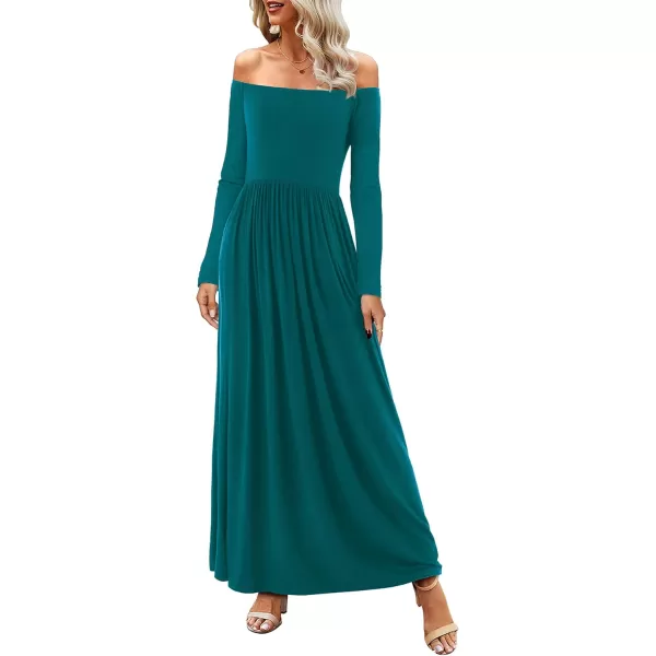 Amoretu Dresses for Women Long Sleeve Off Shoulder Maxi Flowy Casual Loose Plain Dress with PocketsDark Green