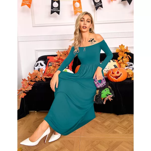 Amoretu Dresses for Women Long Sleeve Off Shoulder Maxi Flowy Casual Loose Plain Dress with PocketsDark Green